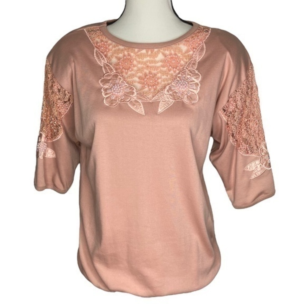 Vintage Recent Works Top Blush‎ Pink Lace Bead Floral Appliqué Half Sleeve Top